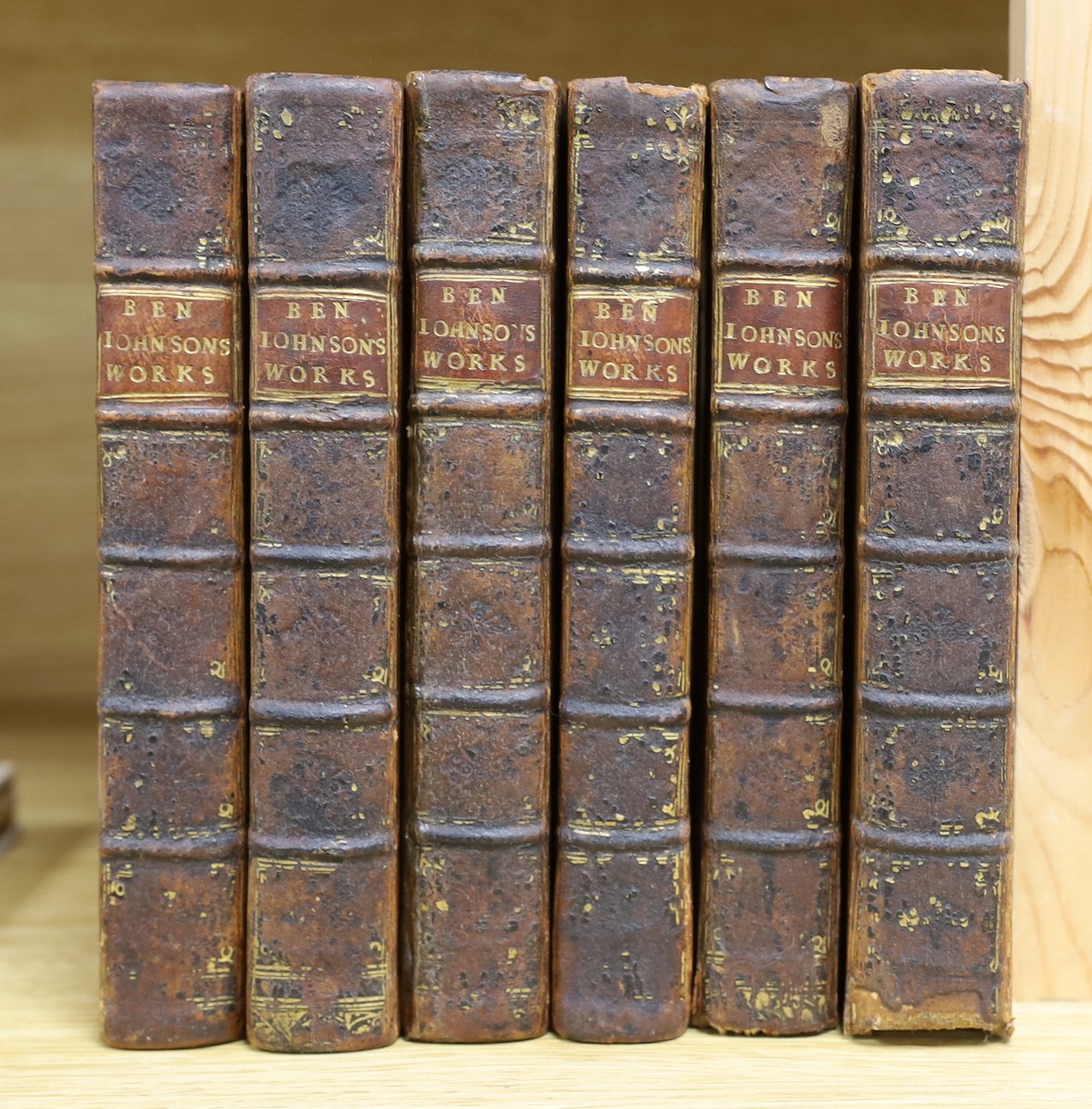 Johnson, Ben - The Works of Ben. Johnson, 6 vols, 8vo, blind panelled calf, with 12 engraved plates including portrait, J. Walthoe et al, London, 1716